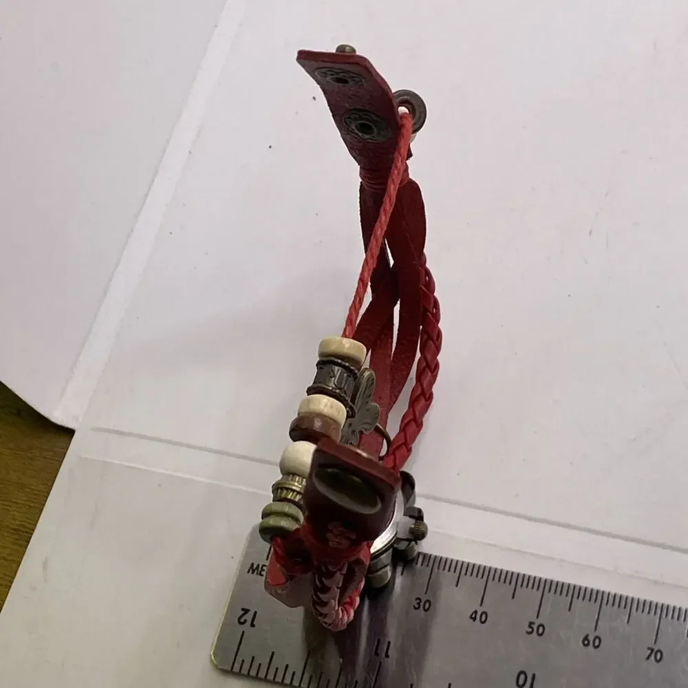 Womens Red Leather Beaded Brass Watch New Battery